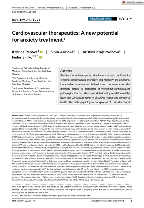 Cardiovascular therapeutics: A new potential for anxiety treatment .